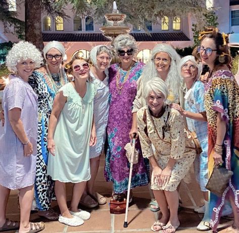 Elderly Theme Outfits, Bingo Night Outfit Ideas, Old Lady Costume Halloween, Granny Fancy Dress Hen Do, Granny Costume Bachelorette, Florida Retiree Costume, Old People Group Costume, Granny Party Theme Outfit, Old Person Costume Party