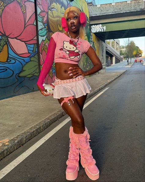 #alternative #aliyahcore #aliyahsinterlude #pink #hellokitty Pink Aaliyah Core Outfits, Aliyahcore Outfits Pink, Alternative Barbie Outfit, Aliahya Core Outfits, Aliyah Core Aesthetic, Pink Aliyahcore, Girly Korean Outfits, Barbie Movie Outfits Ideas, Aliyah's Interlude