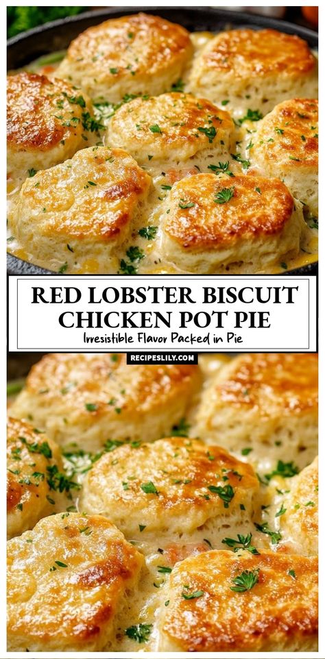 I can't get enough of this Red Lobster Biscuit Chicken Pot Pie! It's a creamy and flavorful dish topped with golden, flaky biscuits that are simply irresistible. Perfect for a cozy dinner at home, this recipe packs a punch with its delicious flavors and comforting texture. You have to try it! Dishes With Biscuits, Top Family Dinner Recipes, Gluten Free Chicken Pot Pie Red Lobster, Biscuit Crust Pot Pie, Red Lobster Cheddar Bay Biscuit Chicken Pot Pie, Chicken Casserole Using Red Lobster Biscuits, Beef Pot Pie Recipe Easy Biscuits, Meals With Iron Recipes, Chicken Red Lobster Biscuit Bake