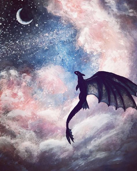 Cute Toothless Art, How To Train Your Dragon Phone Wallpaper, Painting Of A Dragon, Cloud Dragon Art, Toothless Dragon Painting, How To Train Your Dragon Watercolor, Httyd Watercolor, Watercolor Art Dragon, Watercolor Toothless