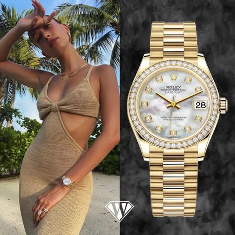 Hailey Bieber with her golden Rolex Datejust | Superwatchman.com Hailey Bieber Rolex Watch, Rolex Watches Women Classy, Trending Watches For Women, Watch Branding, Rolex Datejust Women, Pretty Watches, Stylish Watches Men, Rolex Watches Women, Rolex Women