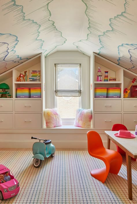 georgetown\, washington\, dc home designed by tina ramchandani creative playroom Playroom Ideas Attic, Attic Turned Playroom, Playroom With Slanted Ceiling, Attic Playroom Ideas Sloped Ceiling Slanted Walls, Small Attic Playroom, Built In Playroom, Playroom In Living Room Ideas, Attic Playroom Ideas Sloped Ceiling, Kids Attic Playroom