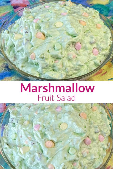 Collage of marshmallow salad in a vintage bowl on a colorful napkin with text Easter Marshmallow Salad, Pistachio Marshmallow Salad, Easter Fluff Salad Mini Marshmallows, Thanksgiving Marshmallow Salad, Marshmallow Fruit Salad Recipe, Green Marshmallow Salad, Fruit Marshmallow Recipes, Fun Fruit Appetizers, Marshmallow Cool Whip Dessert