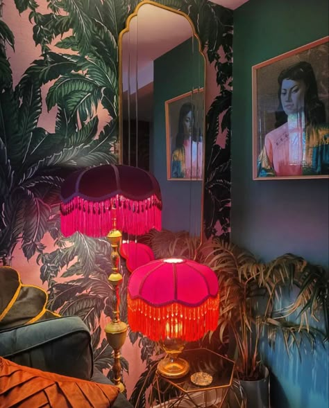 Colorful Gothic Interior Design, Moody Maximalist Pink, Tropigoth Aesthetic Bedroom, Maximalist Vanity Room, Maximalist Decor Color Palette, Maximalist Funky Decor, Maximalism Lamp, Maximalist Industrial Decor, Maximalist Floor Lamp