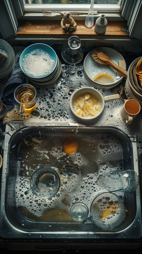 Messy Kitchen Sink: A kitchen sink overflowing with dirty dishes, plates, and utensils against a sunlit window, showcasing a typical busy household. #kitchen #sink #dishes #messy #dirty #aiart #aiphoto #stockcake ⬇️ Download and 📝 Prompt 👉 https://ayr.app/l/YaLK Domesticity Aesthetic, Messy Kitchen Aesthetic, Messy House Aesthetic, Dishes In Sink, Messy Interior, Kitchen Sink Aesthetic, Messy Photography, Messy Party, Messy Table