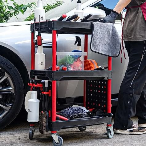 A good helper for car lovers: If you like to take care of your car by yourself, you should have a variety of car beauty tools for washing, repair, polishing, coating, painting and other different uses. Detailing cart can help you sort and place your various tools and quickly pick them up when you need to use them. Lockable universal wheels: The detailing cart is equipped with two lockable universal wheels, which you can easily open or close the wheel lock by stepping on. You can park your cart Car Detailing Setup, Auto Detailing Garage Ideas, Mobile Detailing Setup, Car Detailing Garage Ideas, Detailing Garage Ideas, Car Detailing Studio, Car Detailing Diy, Car Detail Shop, Car Wash Ideas