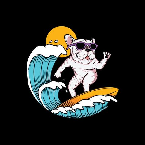 Dog Surfing Drawing, Surfing Cartoon Illustrations, Funny Dogs Drawing, Dog Surfing Illustration, Dog Drawings Simple, Cute Dog Drawing Easy, Animal Surfing, Surf Cartoon, Cute Dog Drawings