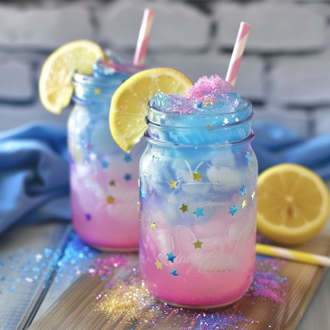 🍋 Add some magic to your day with our Homemade Unicorn Lemonade! 🌈✨ #UnicornLemonade #MagicalDrinks Homemade Unicorn Lemonade Ingredients: Fresh lemon juice (1 cup) Cold water (4 cups) Sugar (3/4 cup) Blue food coloring (2 drops) Pink food coloring (2 drops) Ice cubes Edible glitter (optional, for garnish) Instructions: In a large pitcher, mix lemon juice, cold water, and sugar until dissolved. Divide lemonade into two separate pitchers. Add blue food coloring to one pitcher and pink food... Edible Garnishing Ideas, Fun Lemonade Drinks, Magic Food Art, Candy Drinks Nonalcoholic, Fairy Drinks, Unicorn Lemonade, Colourful Drinks, Lemonade Ingredients, Unicorn Drink