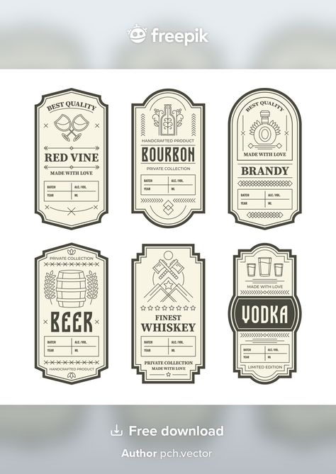 Various vintage alcohol bottle labels | Free Vector #Freepik #freevector #label #arrow #geometric #line Old Label Design, Vintage Liquor Labels, Liquor Label Design, Ticket Design Vintage, Alcohol Bottle Design, Alcohol Label Design, Vintage Alcohol Labels, Label Drawing, Can Packaging Design