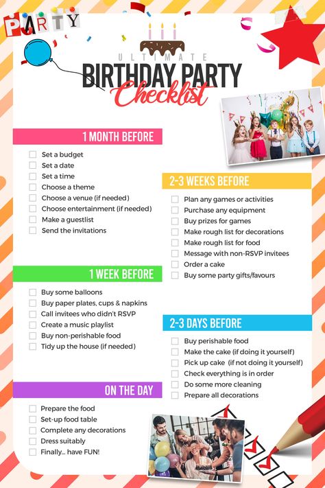 Got a birthday party coming up? Then you will love our ultimate birthday party checklist! This handy list will help you plan and organise your epic birthday party to make it a celebration to remember. Simply save the pin to your birthday board, print it off and tick off as you go! #groupideas #groupactivities #birthdaypartyideas #birthdaypartyactivities #birthdayplanning #birthdaypartyplanning #birthdaychecklist #partychecklist #partylist #birthdaylist #birthdayplans #partyplanning #partyplans Surprise Party Checklist, Checklist Birthday Party, Birthday Party Schedule Timeline, Birthday Party Checklist Kids, Birthday Party Preparation Checklist, Kids Birthday Party Planner, Christmas Party Games For Kids, Easy Party Games, Birthday Party Checklist