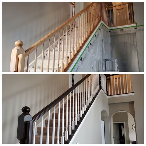 Stairway Upgrade, Bannister Ideas Painted, Staircase Paint, Painted Spindles, Painting Staircase, Frenchic Paint Furniture, Staircase Walls, Stairs Upgrade, Painted Stair Railings