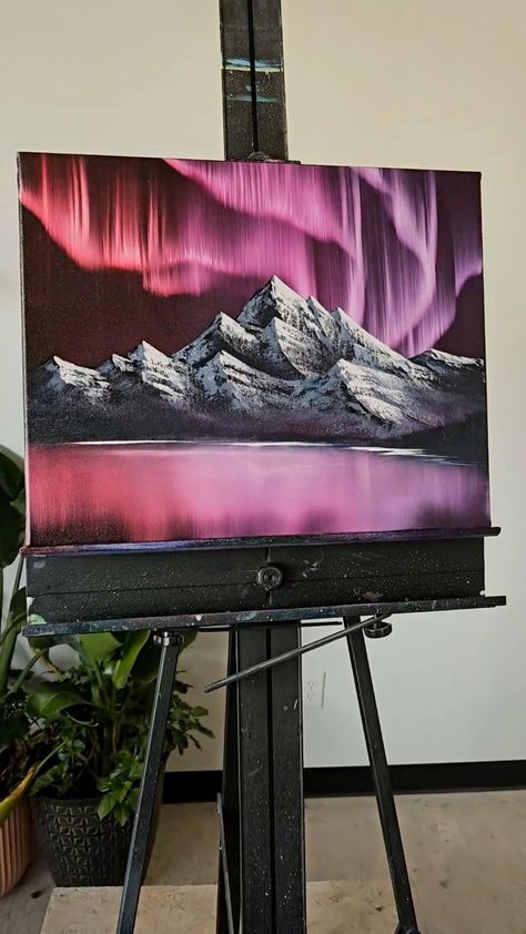 18K views · 988 reactions | I was teaching a couple of family members how to paint this week and painted this simple little pink mountain range. .#bobross #bobrossstyle #beautiful #canvaspainting #painting #oils #oilpainting #mountains #landscapepainting #landscape #northernlightspainting #northernlights #mountainrange #rose | Paint with Kat Mugg | Paint with Kat Mugg · Original audio Northern Lights Mountains Painting, Landscape Paintings Beginner, Colourful Landscape Paintings, How To Paint Mountains Acrylics, Mountains And Trees Painting, Dark Sunset Painting, Oil Painting For Beginners Step By Step, How To Paint Mountains, Painting Ideas Mountains