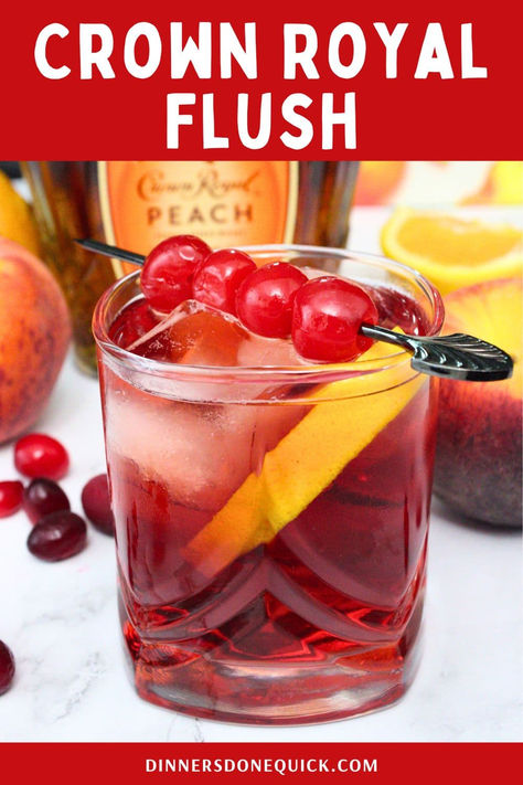 Enjoy the perfect blend of flavors with this Crown Royal Flush cocktail, featuring Crown Royal Peach whiskey. This refreshing and fruity drink is ideal for any occasion, from parties to relaxing evenings. Follow our simple recipe to create this delicious cocktail at home and impress your guests with your mixology skills. Pin and visit Dinners Done Quick for more easy and simple cocktail recipes! #CocktailRecipes #CrownRoyalPeach #CrownRoyal #WhiskeyCocktails #DrinkRecipes #PartyDrinks Vanilla Crown Recipes, Drinks With Crown Royal Vanilla, Peach Crown Recipes, Peach Crown Royal Recipes Easy, Crown Royal Peach Recipes, Royal Flush Drink, Crown Royal Peach Cranberry Juice, Crown Peach Drinks Recipes Cocktails, Vanilla Crown Royal Drinks Recipes