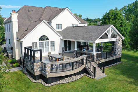 Barnwood Porch / Driftwood TimberTech Deck - Phoenixville, PA | 1165 Sq Ft | Keystone Custom Decks Covered Deck Designs, Deck Addition, Deck Remodel, Deck And Patio, Covered Patio Design, Patio Deck Designs, Outdoor Patio Designs, Deck Porch, Deck Designs Backyard