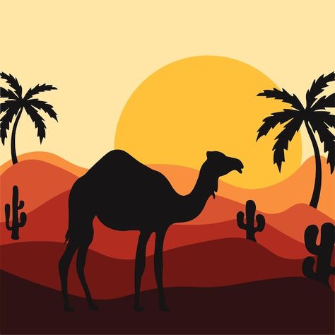 Desert Painting Ideas, Camel Drawing Easy, Camel In Desert, Safari Painting, Camel Drawing, Camel Illustration, Camel Silhouette, Camel Craft, Camel Painting