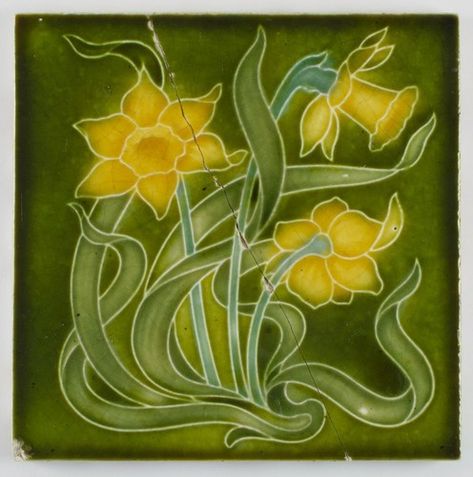 Antique Henry Richards, Art Nouveau Daffodil Ceramic Tile - 1905 Daffodil Art, Art Nouveau Tile, Tile Making, Tiles Art, Beautiful Tiles, Art Nouveau Tiles, Victorian Tiles, Art Nouveau Illustration, Art Nouveau Floral