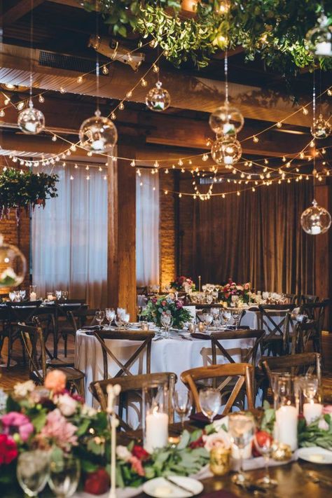 rustic chic wedding reception with open beams and floating terrarium candles Chuppah Indoor, Floral Chuppah, Chic Wedding Reception, Indoor Wedding Reception, Candlelit Wedding, Blue Wedding Dress, Indoor Wedding Receptions, Beau Film, February Wedding