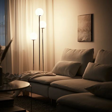 SIMRISHAMN Floor lamp with LED bulb, chrome plated, opal glass - IKEA Chrome Lamp, Floor Lamps Living Room, Old Lights, Ikea Home, Smart Light Bulbs, White Chandelier, Opal White, Led Light Bulbs, Smart Lighting