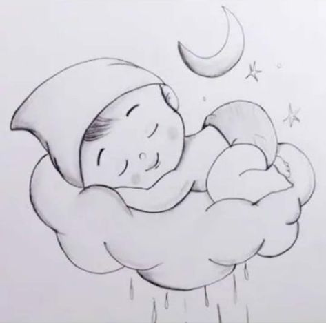 Baby Sketch Pencil Drawings, Nursery Sketches, Sleep Embroidery, Baby Shower Drawing, Cute Baby Drawing, Baby Drawing Easy, Sleeping On Clouds, Easy Hand Drawings