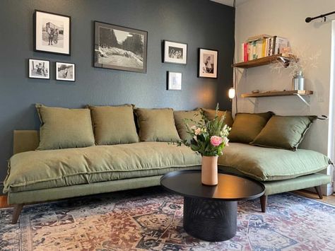 Joybird on Instagram: “Obsessed with how the Faithful Olive fabric on @claire.louise.anderson Denna Sectional brings a pop of color into the space, without being…” Joybird Miller Sofa, Dylan Sofa - Sapphire Olive, Joybird Lewis Sofa, Joybird Sectional Cozy, Joybird Sectional Joybird Joybird, Olive Fabric, Pop Of Color, The Space, Sectional Couch