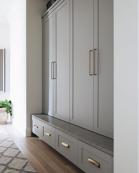 Both mudrooms feature Built-in Benches with Quartz seats!! – I love this trick. It’s such a hard durable surface. You can put…” Mudroom Cabinet, Mudroom Cabinets, Benjamin Moore Paint Colors, Mudroom Lockers, Mudroom Entryway, Mudroom Laundry Room, Mudroom Ideas, Mud Room Storage, Mudroom Design