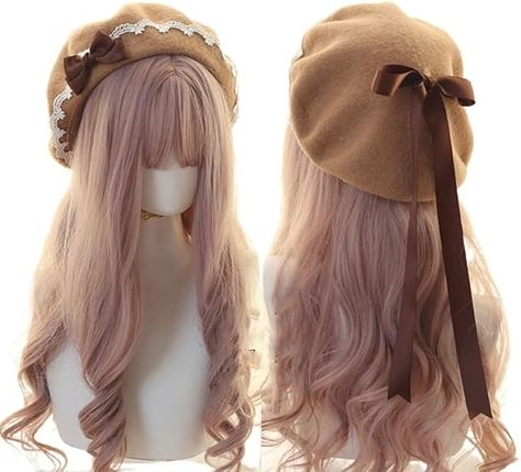 Lolita Sweet French Beret Cap Bow Painter Hat Kawaii Preppy Style Female Casual Artist Hat for Girls Women at Amazon Women’s Clothing store Kawaii Hat, French Beret, Berets Cap, Kawaii Hairstyles, Hair Accessories Collection, Wool Berets, Hat Handmade, Pink Hat, Wool Beanie