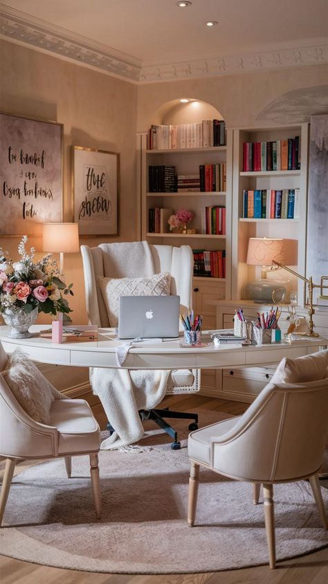 Create a chic and feminine home office that boosts productivity and inspires creativity. Use soft colors, elegant decor, and stylish layouts to design a workspace that’s both beautiful and functional. Visit our blog for more ideas! #homeofficeforwomen #feminineoffice #chichomedecor #homeofficedecor #homeinteriordesign #homeofficeinspiration #homeofficeideas #decoration #officeinteriors #nook Girly Home Office Decor, Office Interior Design Feminine, Beautiful Study Room, Girly Home Office Ideas Chic, At Home Office Layout, Round Table Desk Office Ideas, Girly Corporate Office, Big Home Office Ideas, Woman Office Aesthetic