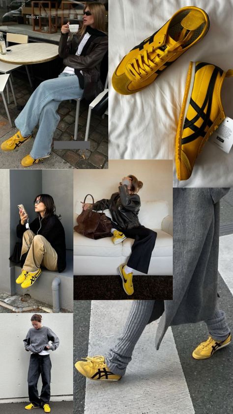 Yellow Onitsuka Tiger, Mexico 66 Onitsuka, Onitsuka Tiger Women Outfit, Onitsuka Tiger Outfit, Yellow Shoes Outfit, Tiger Outfit, Onitsuka Tiger Women, Tiger Shoes, Simple Fashion Outfits