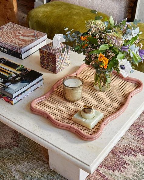 Trove By Studio Duggan, Studio Duggan, Visual Wishlist, Cane Coffee Table, Lacquer Tray, Modern Parisian, Travertine Coffee Table, Oak Forest, Tray Styling