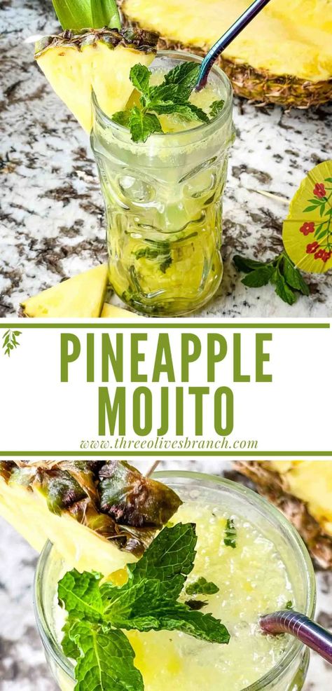 Summer Mojito Recipe, Pineapple Rum Drinks, Mojito Recipe Pitcher, Pineapple Cocktail Recipes, Drinks With Pineapple Juice, Coconut Rum Drinks, Rum Drinks Recipes, Pineapple Mojito, Pineapple Drink