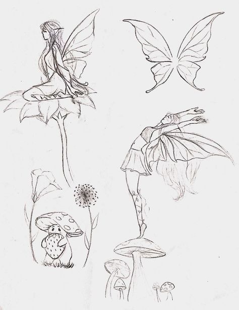 ☾~.~☕️follow me☕️~.~☾ Fairy Reading A Book Drawing, Drawing Fairies Sketches, Sketches Of Fairies, Woodland Fairy Drawing, Pixie Wings Drawing, Fairy Sitting On Flower Tattoo, Fey Drawings, Cute Fairy Drawing Easy, Nature Fairy Drawing