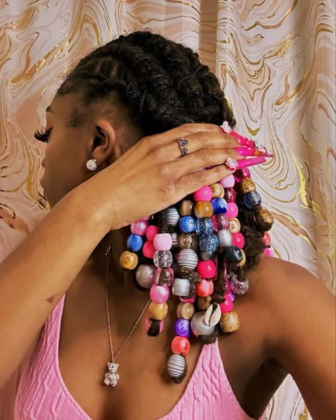 #valentines #locstyles Unique Locs Styles, Loc Styles Birthday, Loc Styles With Bow, Holiday Loc Styles, Locs With Beads Black Women, Loc Cornrow Styles, Locs And Beads, Beaded Locs, Elegant Loc Styles