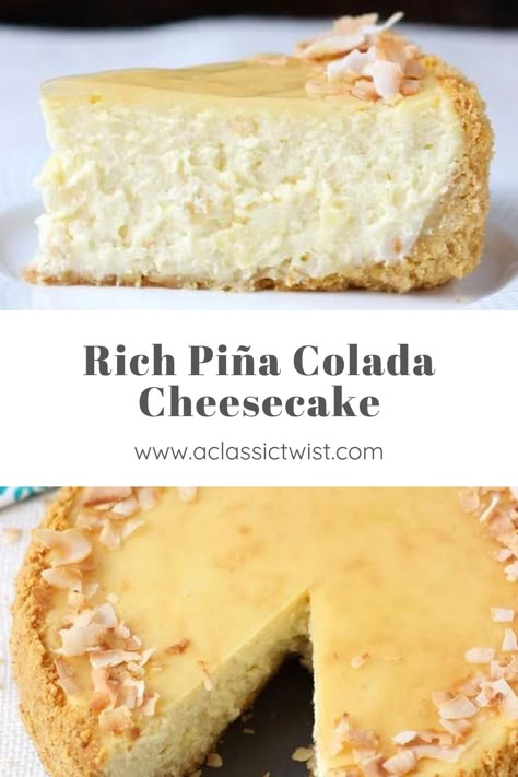 This Piña colada cheesecake is a pure delight that will transport you to the tropics in no time! A rich, creamy cheesecake filling, infused with cream of coconut and pineapple chunks make this dessert extra special. Rum Cheesecake Recipe, Pina Colada Cheesecake, Rum Desserts, Pina Colada Cake, Cream Of Coconut, Yummy Cheesecake, Coconut Cheesecake, Pineapple Chunks, Easy Cheesecake Recipes