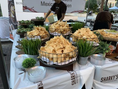 Salsa Bar Ideas Wedding, Chips On Table At Party, Salsa Table For Wedding, Nacho Bar Catering, Chips And Dip Station Wedding, Wedding Chips And Dip, Chips And Salsa Bar Wedding Receptions, Chips And Dip Bar Display, Wedding Reception Chips And Salsa Bar