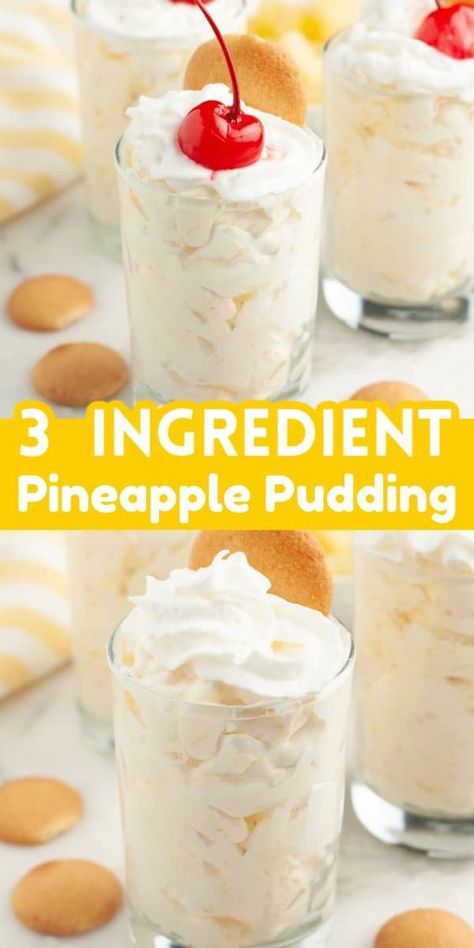 Three ingredient pineapple pudding is an easy dessert that is so tasty and perfect for a crowd. This pineapple dessert can be made in minutes with 3 simple ingredients. Cool Whip Pineapple Dessert, Canned Fruit Dessert Recipes, Recipes That Use Vanilla Pudding, Fresh Pineapple Desserts Easy, Pistachio Pudding Dessert Easy, 3 Ingredients Desserts, 3 Ingredient Pineapple Dessert, Pineapple Dessert Recipes Healthy, Fresh Pineapple Recipes Dessert Easy