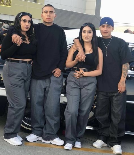 90s Fashion Outfits 1990s Style Couples, 90s Chicana Outfits, Chicana Style Outfits Plus Size, Chicana Outfit Ideas, Cholo Couple Costume, Jayroxxx Outfits, Cholo Party Outfit, 90s Couples Outfits, Chicano Outfit Women