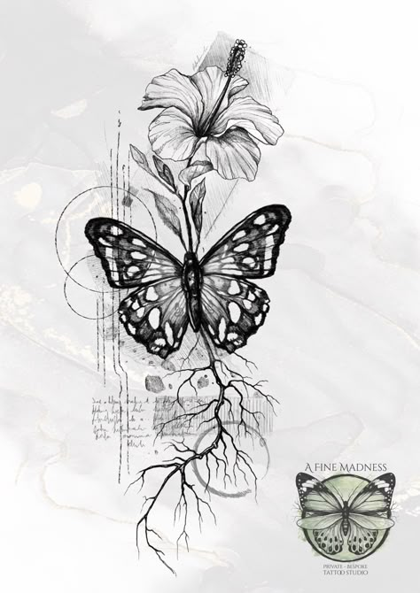 Butterfly And Flower Patchwork Tattoo, Butterfly Diagram Tattoo, Life Cycle Of A Butterfly Tattoo, Butterfly Garden Tattoo Sleeve, Hibiscus Butterfly Tattoo, Butterfly Geometric Tattoo, Vines And Butterfly Tattoo, Botanical Spine Tattoo, Butterfly Garden Tattoo