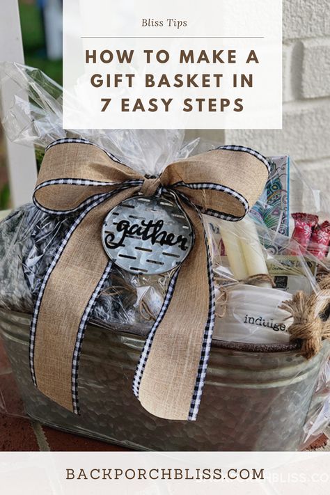 Learn how to put together a custom gift basket in 7 easy steps. Using a Cozy Farmhouse Basket as an example, I'll share all my best tips! How To Put Together A Gift Basket Diy, Decorating Gift Baskets, Gift Basket Ribbon Wrapping Ideas, Rustic Gift Baskets, Gift Basket Tutorial How To Make, Southern Gift Basket Ideas, Wine Basket Gift Ideas Wedding, Making A Gift Basket Diy, Rustic Gift Basket