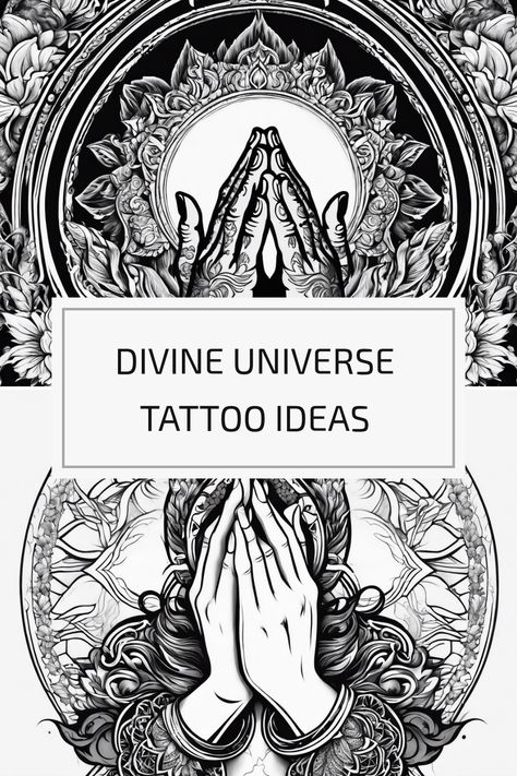 Explore beyond traditional divine tattoo designs for a celestial, divine body art statement! Let your ink tell tales of spiritual connections, inner peace, and cosmic awe. Feeling inspired? Dive into more divine tattoo ideas on our website and spark your creativity! #tattooideas #divinetattoos Divine Love Tattoo, Divine Masculine Tattoo, Universe Tattoo Spiritual, Devine Feminine Art Tattoo, Universe Tattoo Design, Metaphysical Tattoos, Higher Power Tattoo, Inner Peace Symbol, Afterlife Tattoo