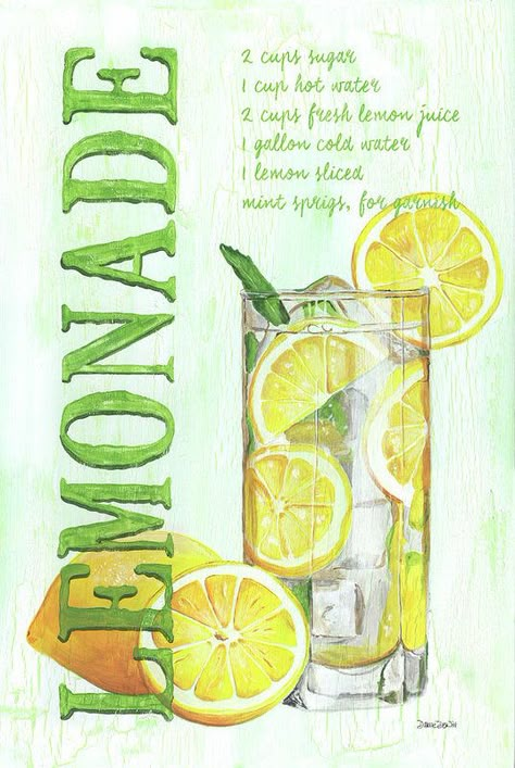 Lemonade (Debbie DeWitt) Lemon Template, Recipe Book Design, Paint Recipe, Mint Lemonade, Pixels Art, Mint Sprig, Kitchen Artwork, Rp Ideas, Lemon Decor