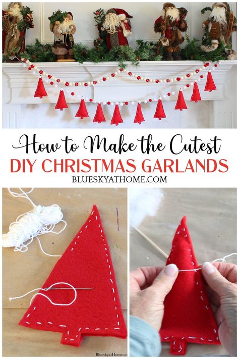 Felt Christmas Tree Garland Diy, Felt Crafts Christmas Wreaths & Garlands, Felt Ball Christmas Garland, Diy Christmas Classroom Decor, Diy Yarn Tassel Christmas Tree Garland, Diy Tree Garland Ideas, Santa Garland Diy, Felt Tree Garland, Diy Fabric Garland Christmas