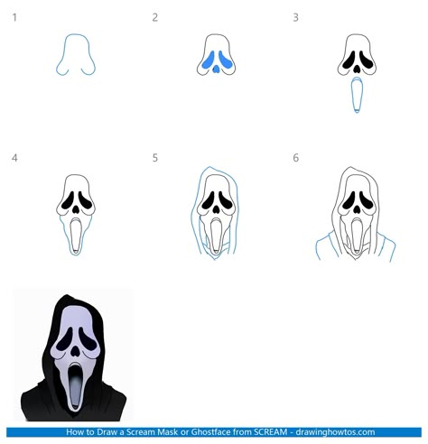 How To Draw Ghostface Mask, Easy Screaming Drawing, How To Draw Scream Mask, Halloween Horror Drawings, Scream Drawing Easy Step By Step, How To Draw Scream Mask Step By Step, How To Draw A Ghost Face, Ghost Face Outline Tattoo, How To Draw Michael Myers Step By Step