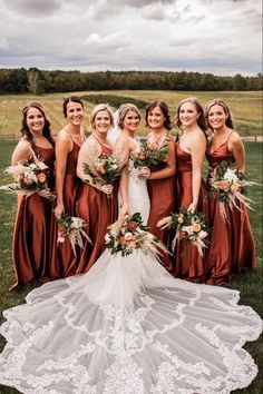 Brides Maids Fall Dresses, Wedding Western Bridesmaids, Rust Bridesmaid Dress Fall Wedding, Country Chic Wedding Bridesmaid Dresses, Chiffon Terracotta Wedding, Western Bridesmaid Dresses Burnt Orange, Fall Wedding Leaves Changing, Navy Wine And Rust Wedding, Weddings In Fall