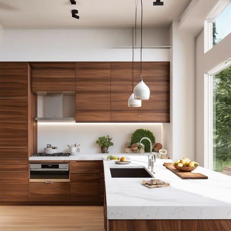 Top 10 Walnut Kitchens Design Ideas Walnut Modern Kitchen Cabinets, Walnut Japandi Kitchen, Flooring With Walnut Cabinets, Walnut Cabinets White Countertops, Modern Kitchen Wood Cabinets, Walnut Kitchen Cabinets Modern, Walnut Modern Kitchen, Walnut Kitchen Cabinets Color Schemes, Kitchen Cabinets Walnut