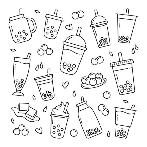 Easy Boba Drawings, Boba Tea Drawing Easy, Simple Boba Drawing, Boba Tea Clipart, Boba Illustration Cute, Boba Drawing Aesthetic, Boba Tattoo Drink, Boba Cup Drawing, Cute Boba Coloring Pages