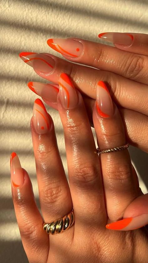 Pink Orange Almond Nails, Nails To Match Orange Dress, Bali Nails Inspiration, Nail Orange Design, Orange Theme Nails, Orange Vacation Nails, Orange Nail Designs Summer, Orange French Manicure, Orange Swirl Nails