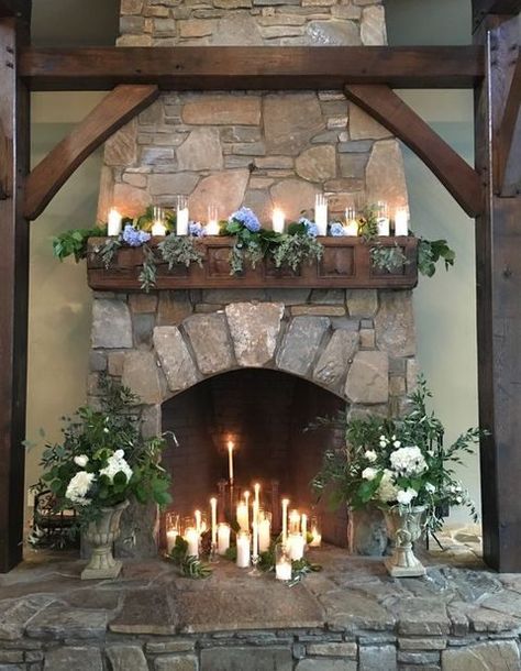 50 Wedding Fireplace Decor Ideas | HappyWedd.com Wedding Mantel Decor, Wedding Isle Candles, Wedding Mantle Decor, Wedding Fireplace Decorations, Wedding Mantel, Christmas Tree Inspiration Rustic, Wedding Mantle, Wedding Fireplace, Mantel Decor Ideas