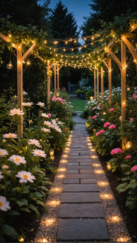 Transform your nighttime garden with enchanting landscape lighting! Create a magical vibe and showcase your favorite views.   Share your sparkling stories with us! Glow Garden Ideas, Garden Angel Aesthetic, Backyard Ideas Large Yard, Magical Backyard Garden, Pretty Backyard Garden, Royal Garden Aesthetic, Dream Garden Fairytale, Backyard Fairy Lights, Side House Garden