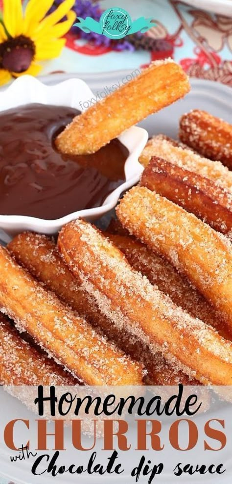 These crunchy, dough-filled goodies dipped in yummy chocolate sauce are always a hit with the kids and the "young at heart"! Who can resist dunkin' these fried treats in sweet melted choco? Not me for sure! | www.foxyfolksy.com #churros #homemade #sweettreats #chocodip Chocolate For Churros, Churros Chocolate Sauce, Churros With Chocolate Sauce, Churro Chocolate Sauce, Chocolate Sauce For Churros, Churro Dip, Filled Churros, Foxy Folksy, Doughnut Recipe Easy