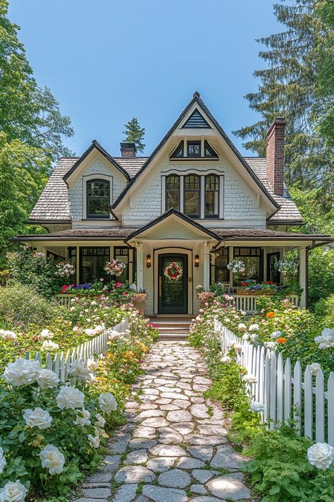 Double Story Cottage House, Vintage Cottage House Exterior, Bohemian Cottage Exterior, Country Cottage Outside, Vintage Cottage House Aesthetic, Cute Bungalow Homes, Large Cottage Style Homes, Story Book Homes, Cottage Home Layout